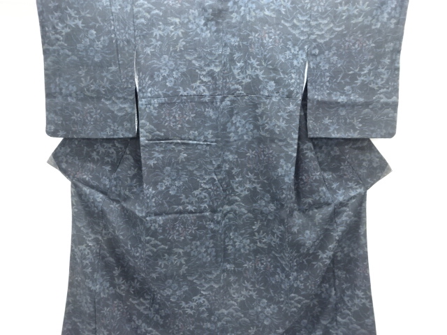 JAPANESE KIMONO / ANTIQUE FLORAL PATTERN WOVEN HAND-WOVEN RAW SILK OJI